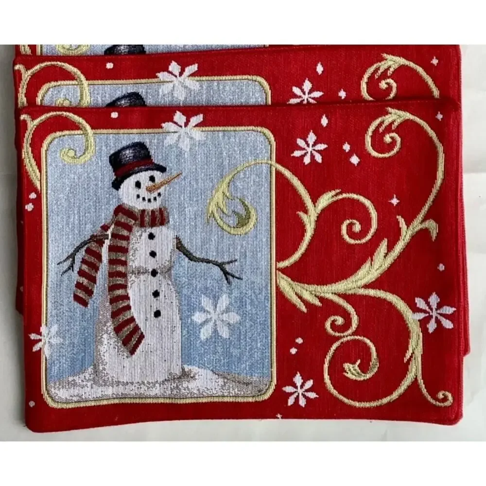 NWOT Set of‎ 2 Reversible Tapestry Christmas Placemats Snowman Wreath Vintage